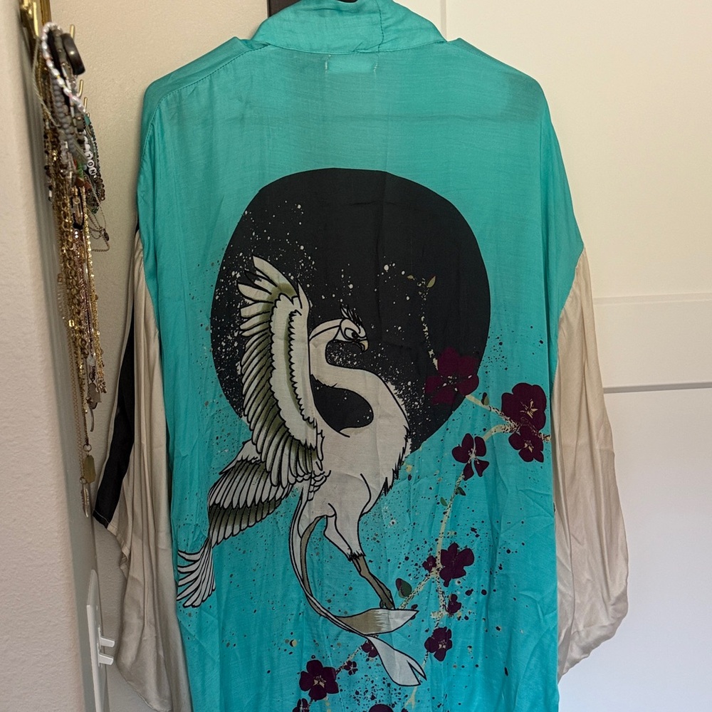 Free People moon dance Teal Kimono with Crane and Floral Design
